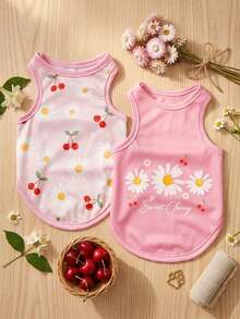 PETSIN 2pc Pet Cat Dog Universal Pink Daisy Cute Print Casual Comfortable Breathable Dog Vest - Multicolor - View 3