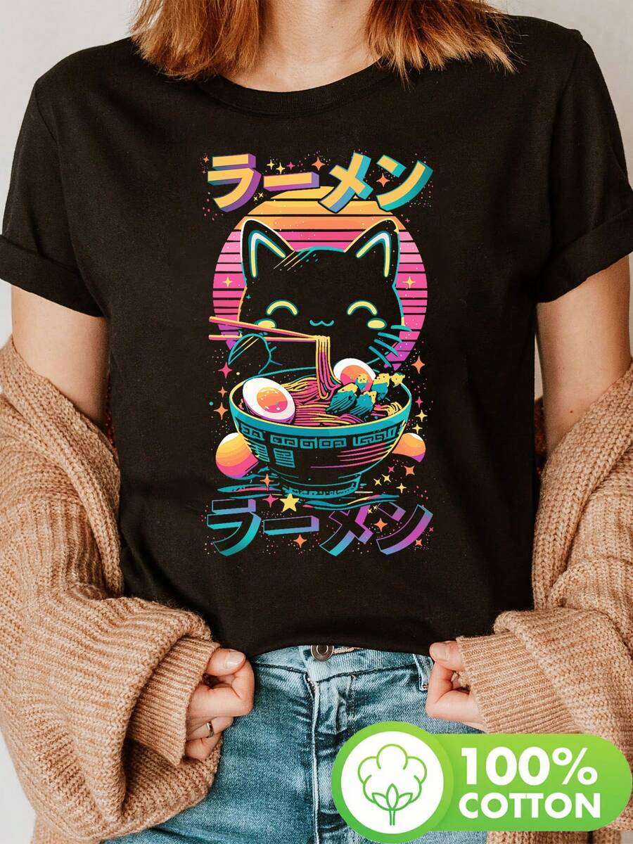 Short-Sleeved T-Shirt With Round Neck And Casual Design, With A Gradient And Hollow Cat Eating Ramen, Anime Cat Eating Ramen, Printed T-Shirt, Women's Clothing For Summer And Spring[COD] - 黑色 - 查看 1