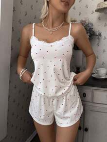 Conjunto de pijama para mujer, de tela de canalé, con estampado de corazones y aplicaciones de encaje, romántico, dulce, lindo y sexy, con camiseta y shorts - Blanco - Ver 5