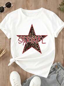 Stargirl Women's White Leopard Print T-Shirt, Casual Summer Top, Everyday Streetwear - 白色 - 查看 4