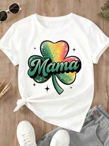 White Crew Neck T-Shirt With Rainbow Shamrock Print "Mama" For St. Patrick's Day, Casual Wear - 白色 - 查看 4