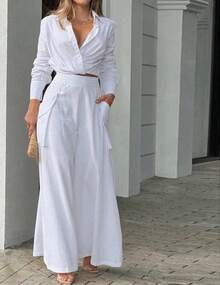 2026 Spring New Women's Wide-Leg Pants Set Solid Color Loose Pocket Fashion Casual Set - White - View 11