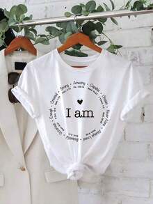 1 pieza Camiseta de manga corta con cuello redondo y estampado de letras para mujer, talla estándar , 180g, 100% algodón. - Blanco - Ver 4