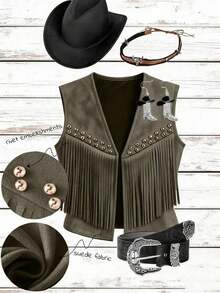 Chaqueta casual de mujer con flecos de gamuza, decoración de remaches, estilo bohemio, versátil para uso diario, vacaciones, trabajo, estilo francés elegante, sin mangas, beige, para principios de primavera/primavera y verano - Verde militar - Ver 4