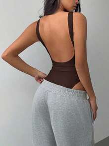 Body sin espalda de punto de unicolor casual para mujer - Marrón - Ver 1