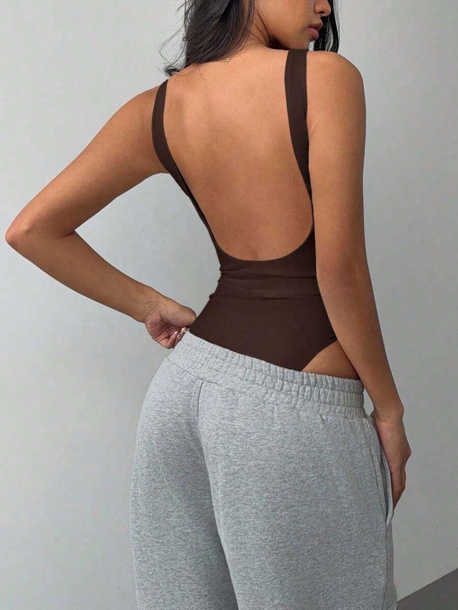 Body sin espalda de punto de unicolor casual para mujer - Marrón - Ver 1