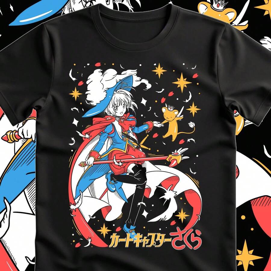 Camiseta C1ardcaptor Sakura, camiseta de anime kawaii, top corto holgado de algodón para hombre y mujer, 220 g, algodón grueso unisex, textura suave y tacto agradable, cómodo y respetuoso con la piel. Su estilo clásico y sencillo nunca pasa de moda, ideal para el día a día, actividades deportivas, viajes, vacaciones y cualquier ocasión informal. - Negro - Ver 1