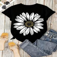 Daisy Flower Graphic T-Shirt, 100% Cotton Oversized Soft Breathable Casual Crewneck Short Sleeve Top, Summer Vibes Aesthetic Tee For Women & Nature Lovers - 黑色 - 查看 5