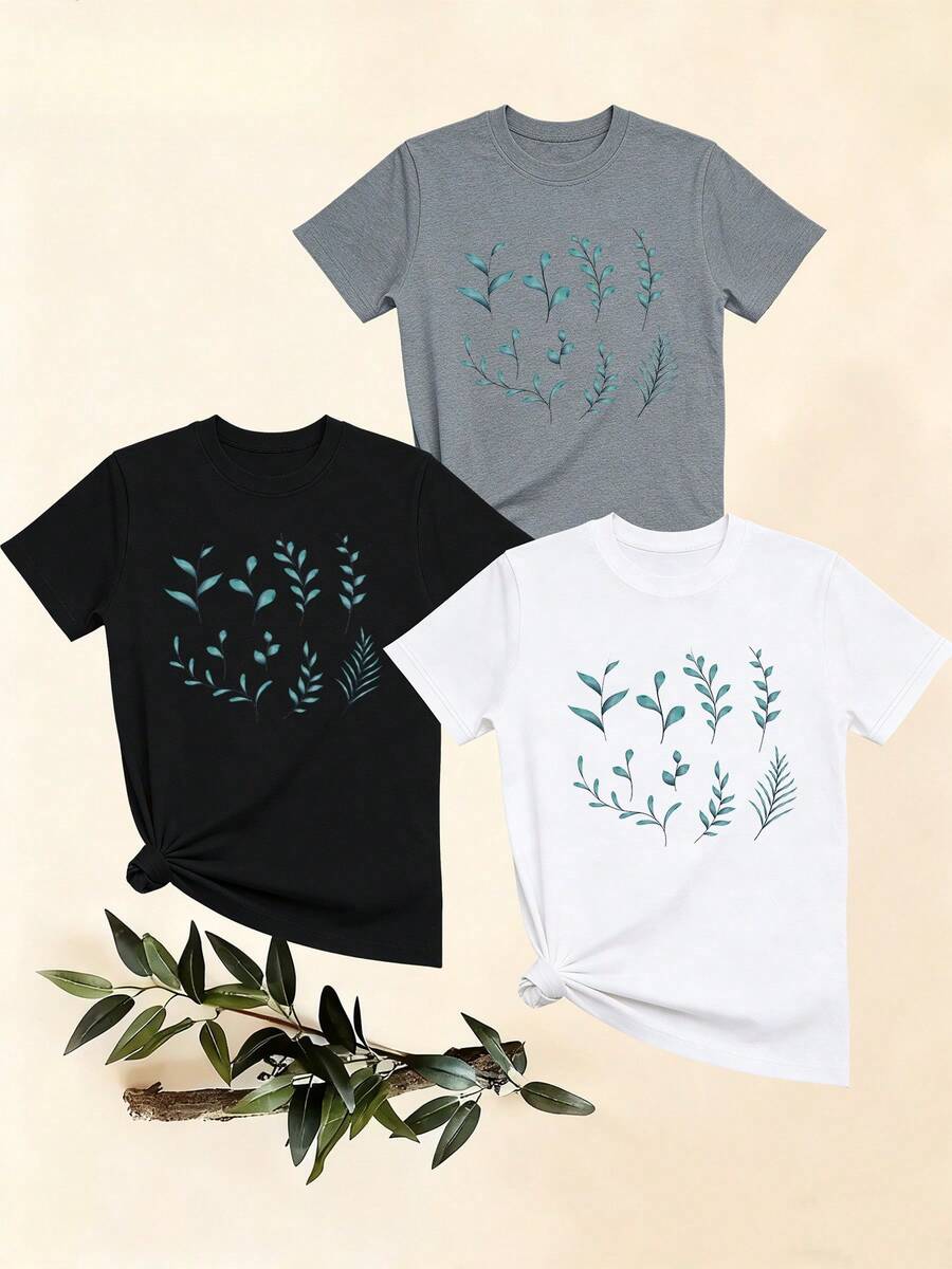 Women's T-Shirts, Women's T-Shirts, Casual One-Piece T-Shirt With Plant Leaf Print, Comfortable Cotton Top With Round Neck And Short Sleeves, Everyday Wear For Women. - 1件白色隨機圖案 - 查看 1