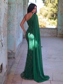 Faeriesty Đầm dài đuôi cá đính sequin thanh lịch và quyến rũ dành cho nữ, với cổ áo bất đối xứng và tay áo kiểu cape, phù hợp cho các buổi dạ tiệc, lễ kỷ niệm, đám cưới, sự kiện và các bữa tiệc. - Màu xanh lá cây đậm - Xem 4