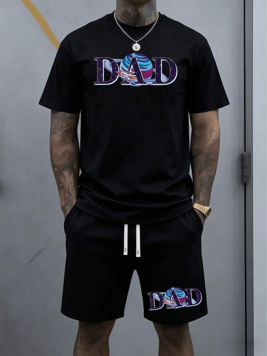 Space Planet And Rocket Print Showing Love For Dad Bringing Cosmic Energy And Family Bond In Cool Summer Outfit Ideal For Casual Days And Outdoor Fun Featuring Soft Fabric And  Look For Confident Men 2pcs Set TShirt And Shorts Set - 黑色 - 查看 1