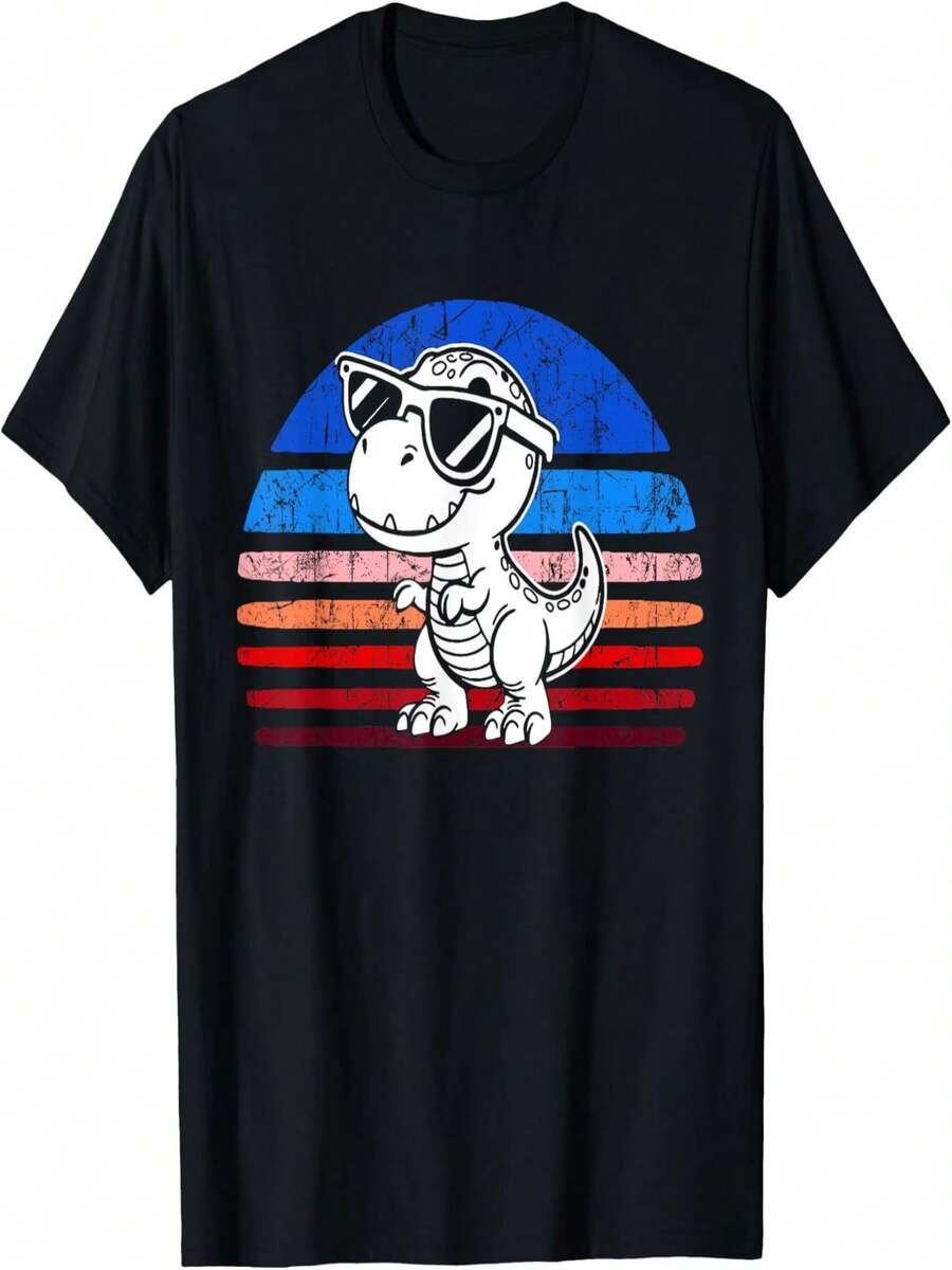 Camiseta retro con estampado de dinosaurio Tyrannosaurus Rex para ni?as y ni?os, camiseta de regalo con dise?o original, camiseta divertida. - Negro - Ver 1