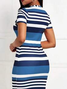 Vestido ajustado casual de mujer con bloques de color y rayas, elegante para el verano - azul real - Ver 2