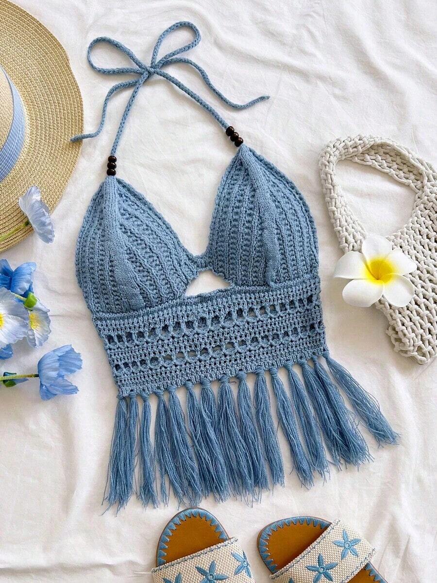 Top de punto con cuello de halter, bajo con flecos y cuentas para mujer, adecuada para vacaciones, citas, té de la tarde, playa, crucero, viaje a la ciudad, temporada de bodas, festival de música, vacaciones bohemias - Azul - Ver 1