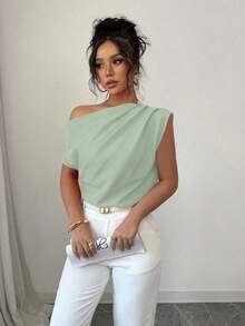 Blusa de unicolor con cuello asimétrico y plisado a la moda para mujeres - Verde - Ver 4