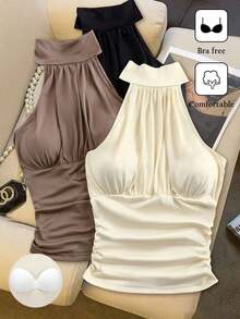 Camiseta sin mangas elegante y de moda para mujer con sujetador incorporado, versátil top de cuello halter, para verano - Multicolor 2 - Ver 7