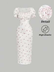 Vestido midi de Body con cuello cuadrado y mangas abullonadas para mujer, vestido de lechera, vestido para té, vestido midi con estampado floral y cuello cuadrado y mangas abullonadas para mujer, vestido de invitada de boda, atuendos de primaver - Multicolor - Ver 2