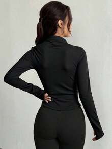 Chaqueta de manga larga de cuello alto elástico de unicolor entallada, ropa deportiva y casual, primavera/otoño - Negro 3 - Ver 2