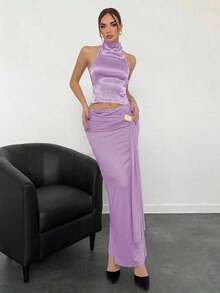 Top de satén sin espalda con cuello alto para mujer, ideal para fiestas - Lila Púrpura - Ver 3