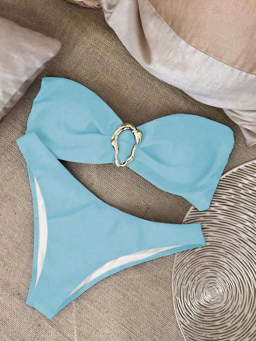 Nuevo conjunto de bikini negro sólido, sexy, elegante, casual, para playa, vacaciones y citas, sin tirantes, para primavera/verano - azul claro - Ver 1