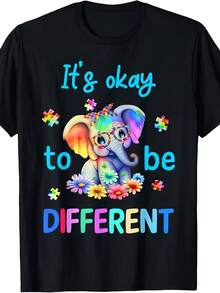 T-Shirt, Funny Elephant Print T-Shirt, Puzzle Design For Autism Awareness, Casual Short Sleeve Summer T-Shirt, Perfect For Daily Wear And Gifts, Circus T-Shirt, Great For Holidays And Playtime, Excellent For Parties And Family Vacations, Party Outfit, Summer Outfit, Warm Weather Clothing. - 黑色 - 查看 7