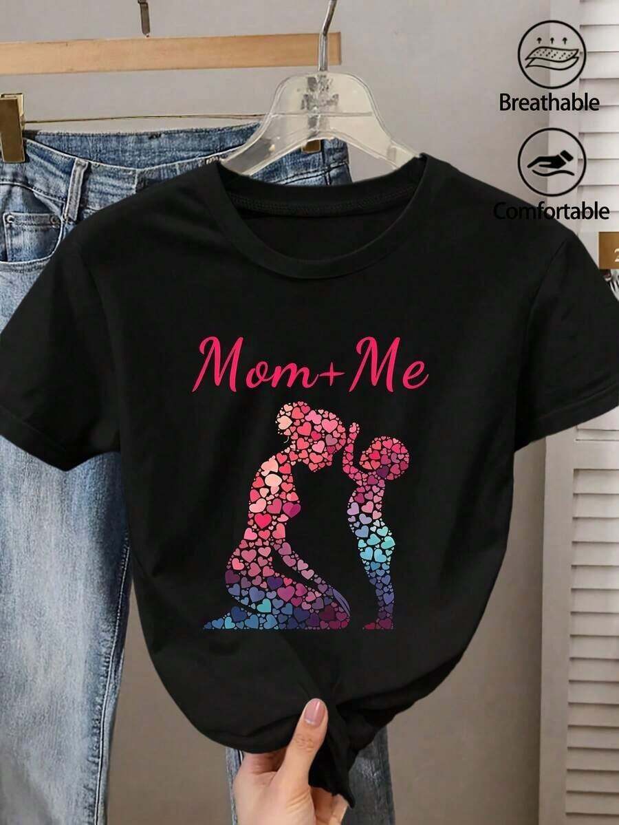 Mother's Day Gift Women's Summer Clothes Plus Size T-Shirt With Heart Silhouette Print Mom+Me And Dad, Round Neck, Short Sleeve, Casual Style, Versatile Vintage Fashion Top For Commuting, Vacation And Everyday Wear, Available In 1XL-5XL - 黑色 - 查看 1