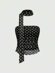 Camiseta ajustada casual de mujer con volantes y lunares, con lazo - Negro - Ver 5