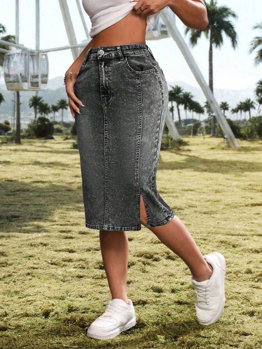 ICON Falda vaquera, falda de mezclilla para mujer, ajuste casual y delgado, falda lápiz de mezclilla, hasta la rodilla, elástica, azul - Negro - Ver 1