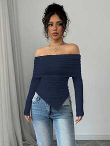 Camiseta elegante de mujer con hombros descubiertos, solapa ancha, dobladillo con cordón y ajuste delgado, para primavera y otoño - Azul marino - Ver 4