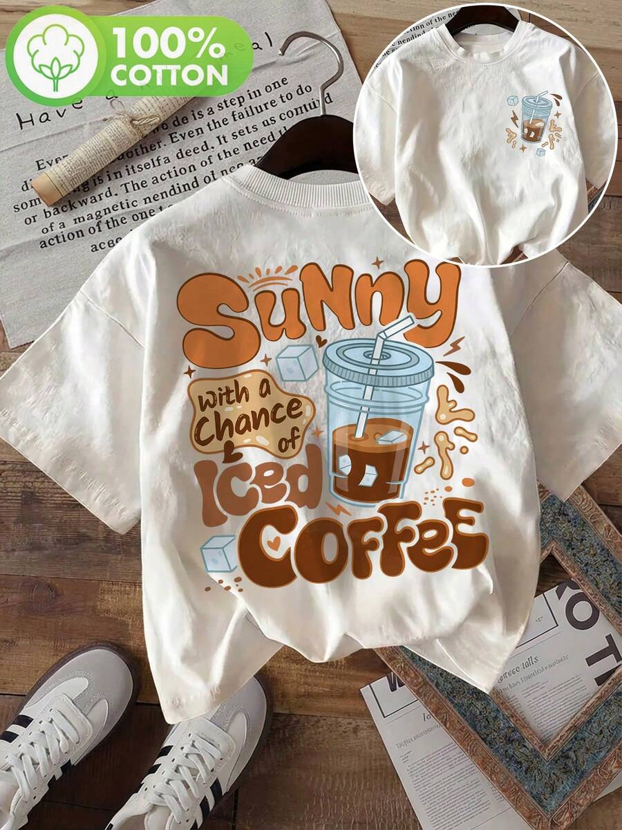 [Double-Sided Printing] Fashionable Women's Top, Women's Summer Clothing, American Style, Coffee Color, Printed With The Word Sunny, Round Neck, Pure Cotton Short-Sleeved T-Shirt, Comfortable And Soft, Cotton T-Shirt For Daily Wear. - 白色 - 查看 1