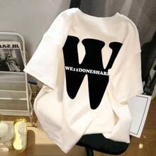 Women's Casual Shirt With Print, Short Sleeves, Round Neck, Spring/Summer Local Urban Fashion. YO0H - 8187黑色字母[牛奶絲布料] - 查看 10