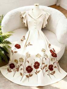 Vestido de manga acampanada de longitud media, de color albaricoque, con estampado floral, cuello de solapa, botones de perlas en la cintura, diseño de manga acampanada, encantador, elegante, dulce, para uso diario, vacaciones, viajes, citas, esti - Multicolor 2 - Ver 4