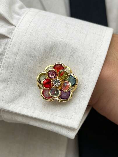 1PC Colored Rhinestone Flower Cufflinks, Luxury Style Gold Flower Colorful Rhinestone Cufflinks, No-Sew Easy-Install Shirt Button Decorative Buttons, High-End Styling Accent, Versatile Matching Accessories