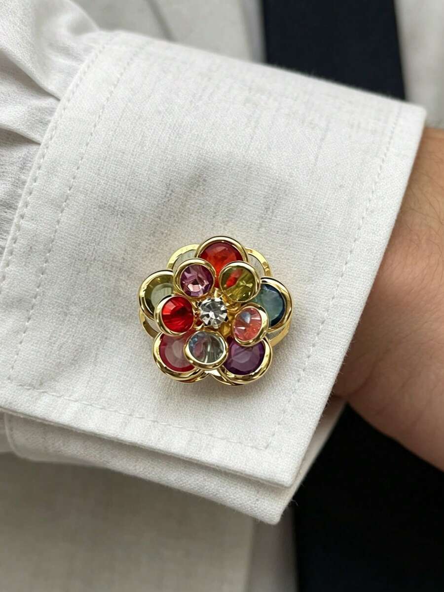 1 pieza Gemelos con flor de diamante de imitación de colores, gemelos de flor de lujo con diamante de imitación de colores, botones decorativos de fácil instalación sin coser, acento de estilo elegante, accesorios versátiles y combinables - Multicolor - Ver 1