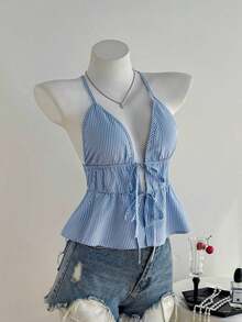 Top de tirantes con espalda cruzada y lazada frontal a rayas azules para vacaciones de verano para mujeres - Azul y blanco - Ver 6