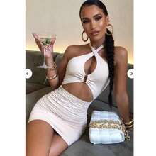 Women Sexy Hollow Out Dress, Solid Color Sleeveless Halter Neck One-piece, Black/ Beige/ Orange - blanquecino - Ver 8