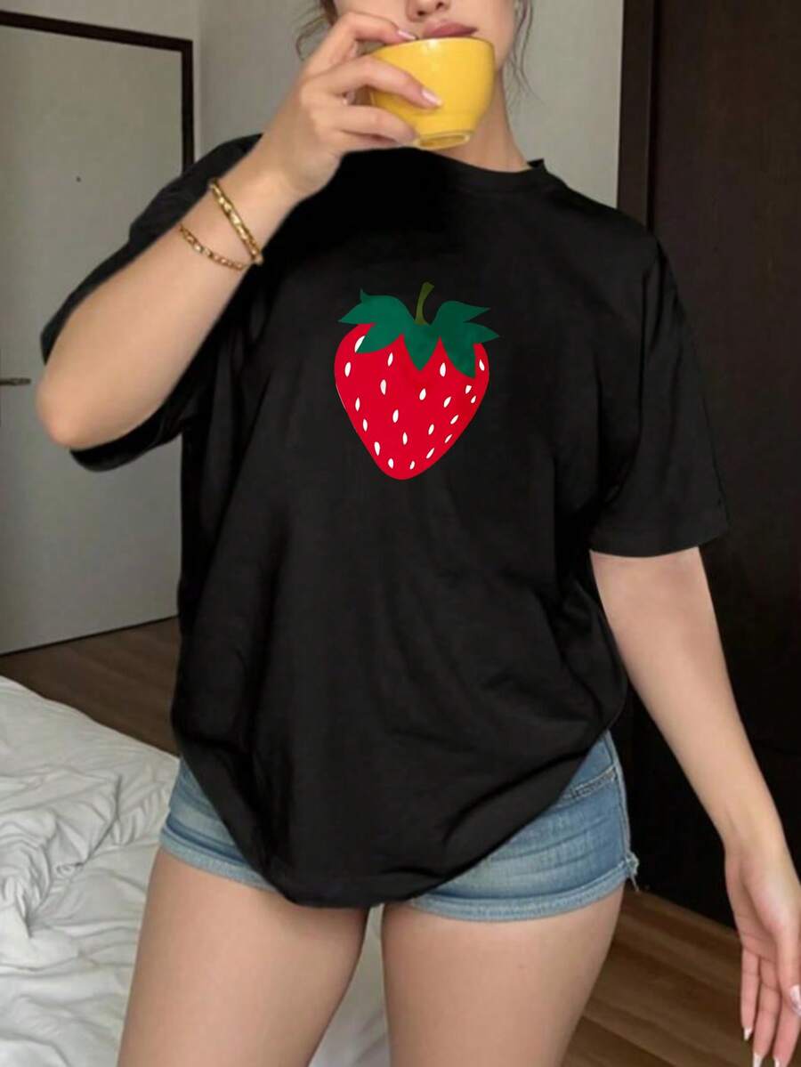 Camiseta de manga corta para mujer, disponible en varios colores, corte holgado - Negro - Ver 1