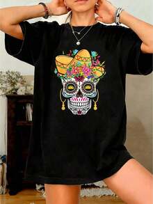 Camiseta con diseño de tacos del Día de los Muertos y Feliz Cinco de Mayo - camisetas gráficas para mujer, tops cortos, ropa de otoño para mujer, conjuntos de ropa de otoño para mujer, tops para mujer - Camiseta - Negro - Ver 9