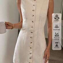 Button Front Cinched Waist A-Line Sleeveless Casual Vacation Elegant Mini Dress, Linen Material Summer Dresses For Women,Business Casual Woman Old Money Style - Albaricoque - Ver 5