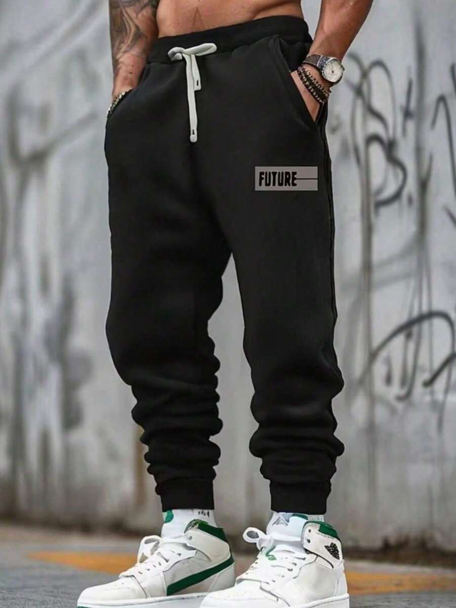Men's Premium Casual Sports Jogger Pants, Future Print, With Pocket, Flannel Lining, For Winter - 黑色 - 查看 1