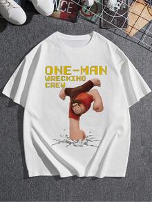 Imagen de un personaje fuerte rompiendo el suelo que simboliza energía y determinación con el texto ONEMAN WRECKING CREW en estilo de videojuego clásico ideal para mujeres que aman la actitud valiente camiseta de mujer  casual cómoda para diario - Blanco - Ver 3