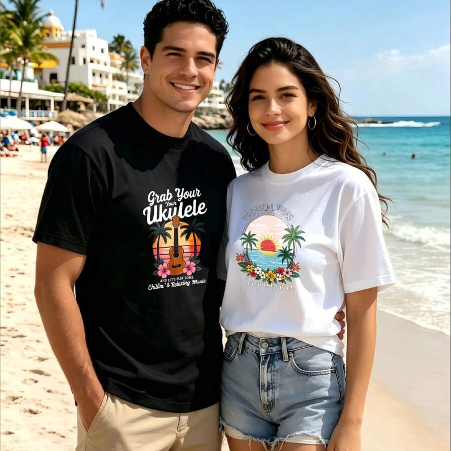 2-Piece Couple Matching Pattern T-Shirt, 100% Cotton, Loose Fit, Soft And Breathable, Casual Round Neck Short Sleeved Top Wild Ride Speed Power Inspiration Motivation Growth Versatile Patterns No Picky Combinations Coordinated Dating Casual Travel Simple And Cartoonish Printing Styles High - 黑色 - 查看 1