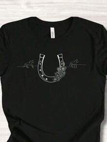 Camiseta negra de manga corta con cuello redondo y estampado floral estilo western para mujer, de punto, ligeramente elástica y de corte regular. - Negro - Ver 2