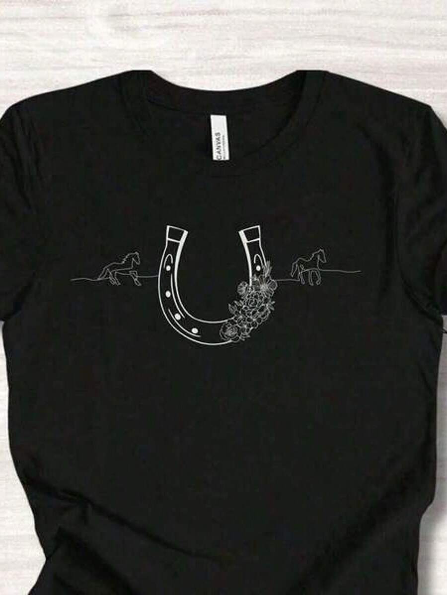 Camiseta negra de manga corta con cuello redondo y estampado floral estilo western para mujer, de punto, ligeramente elástica y de corte regular.