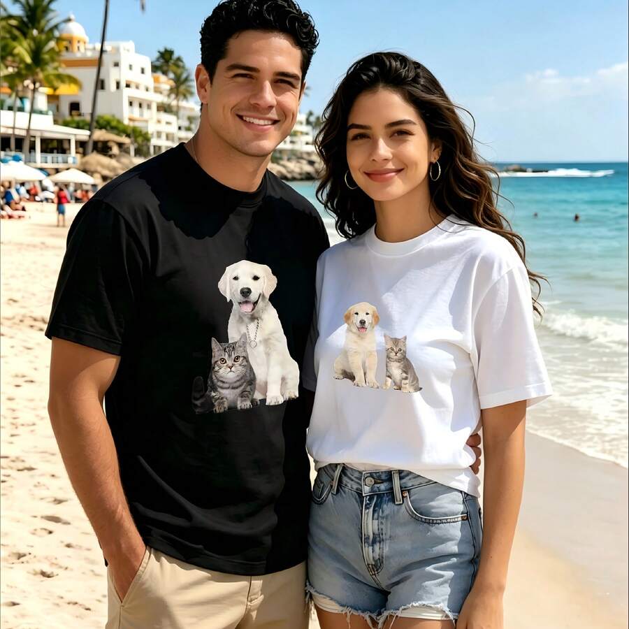 2-Piece Couple Matching Pattern T-Shirt, 100% Cotton, Loose Fit, Soft And Breathable, Casual Round Neck Short Sleeved Top Cruise Ship Family Trip 2024 Sea Adventure Boat Voyage 2028 Versatile Patterns No Picky Combinations Coordinated Dating Casual Travel Simple And Cartoonish Printing Styles High - 黑色 - 查看 1
