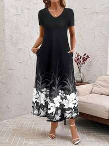 Clasi Vestido de mujer con estampado de teñido anudado a la moda, de verano - Negro - Ver 5