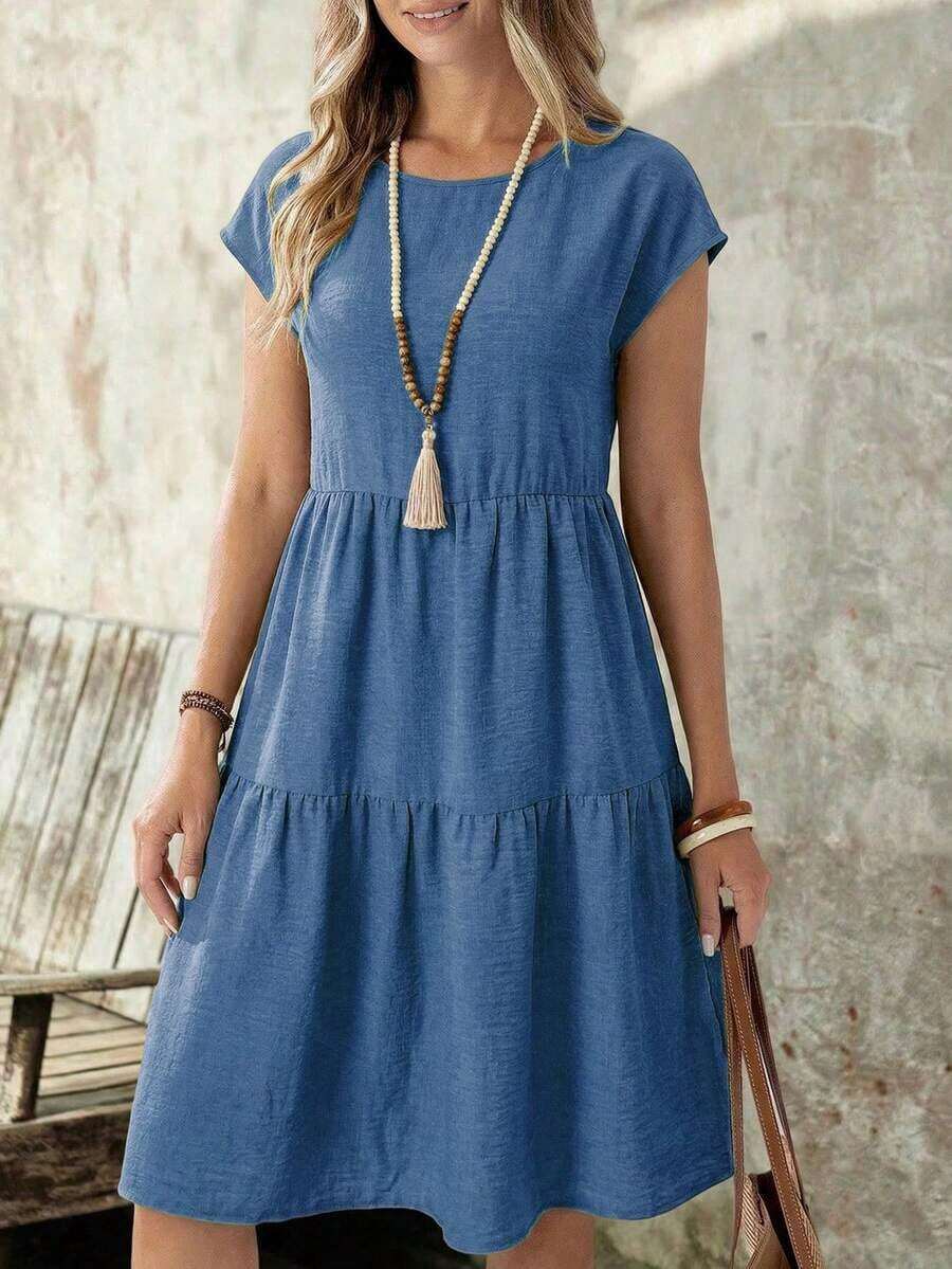 Women's Casual Dress With Short Sleeves, Round Neck And Mid-Length, With A Green Linen Look, For Spring/Summer - 藍色 - 查看 1