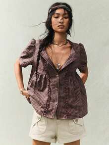 Camisa casual retro a cuadros con cuello redondo, volantes fruncidos y mangas con volantes para mujer - Rojo - Ver 7