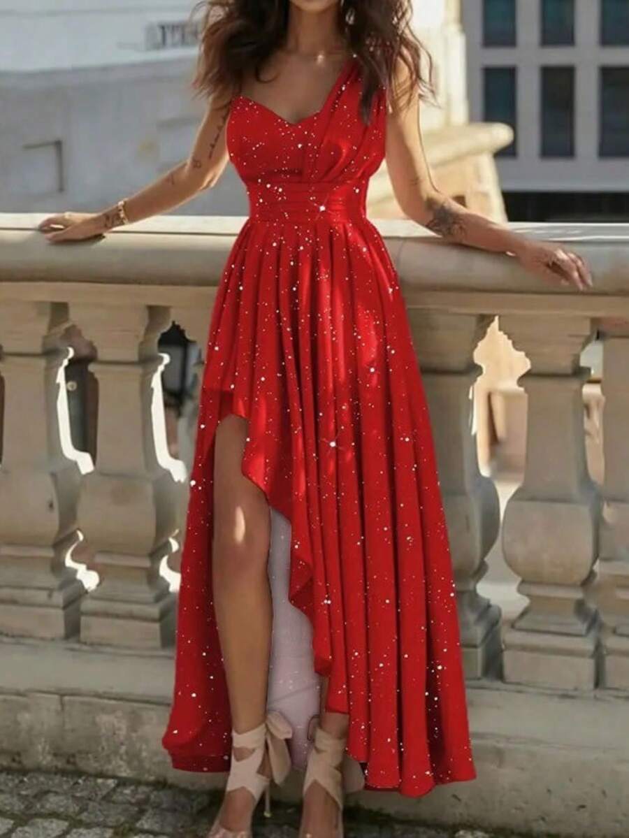 Vestido de fiesta primavera 2026, hombro asimétrico, cintura alta y corte ajustado elegante - Rojo - Ver 1