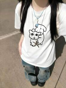 女款圓領短袖T恤，夏季新款卡通貓狗印花，時尚休閒百搭寬鬆上衣 白色 - 白色 - 查看 7